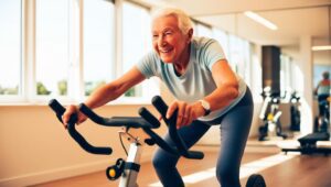 Senior on exercise bike