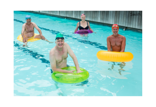 Seniors swimming with float