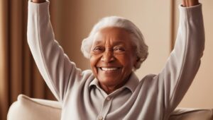 senior citizen chair exercise overhead stretch