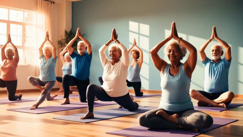 Seniors doing yoga