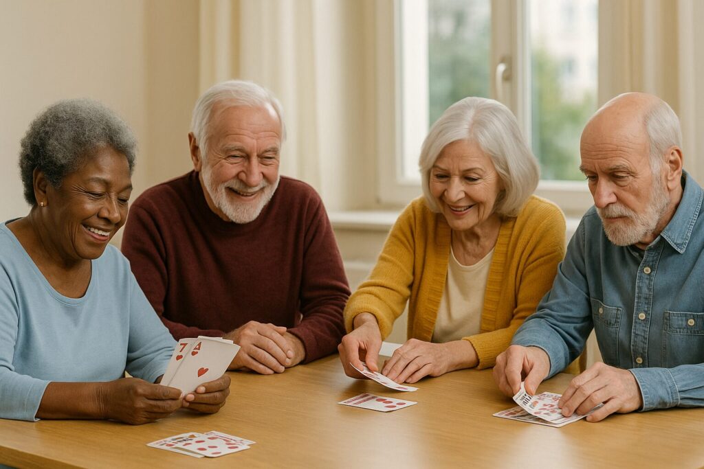 Four elderly friends gathered in a sunlit room, enjoying a card game and each other's company.