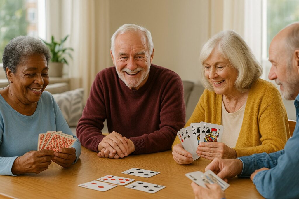 A group of four diverse senior citizens smiling and playing a friendly game of cards at a well-lit wooden table.