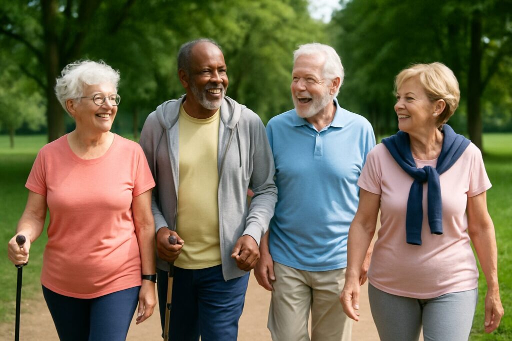 Four happy senior citizens walking side by side on a path through a tree-lined park, enjoying their group stroll.