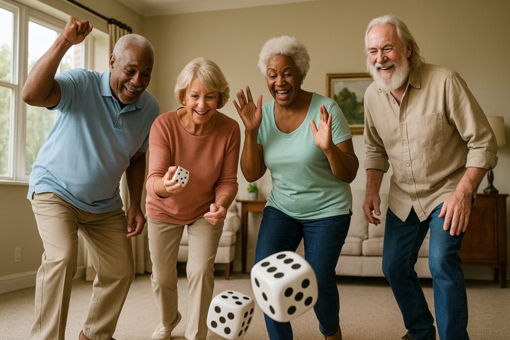 Four diverse senior individuals laughing and rolling oversized dice on the floor in a well-lit living room, participating in a fun movement-based dice game.