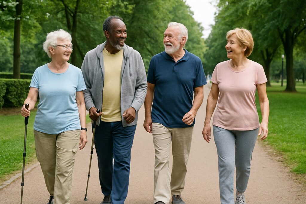 A group of four older adults walking with poles in a lush green park, talking and smiling under soft daylight.