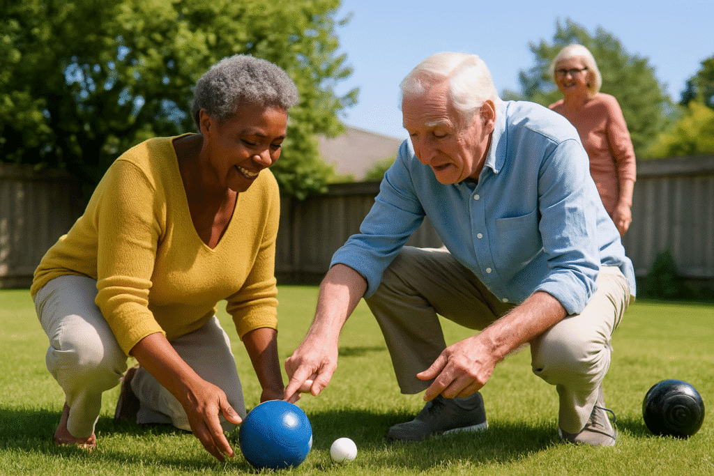 Three seniors playing a lighthearted game of lawn bowling on a sunny afternoon.