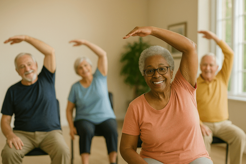 Four seniors seated in a row practicing a side stretch during a chair yoga session in a bright, peaceful room.