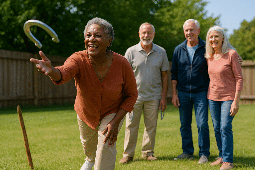 Four senior adults playing horseshoes in a grassy backyard area, smiling and chatting.