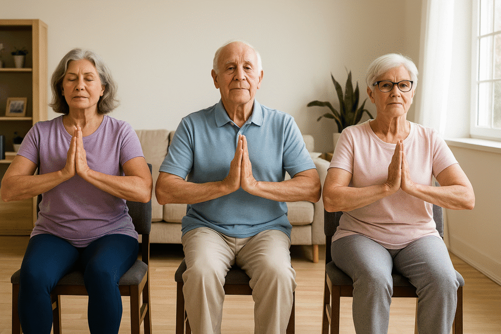 Three elderly individuals seated in a row performing a prayer pose during a calm chair yoga session in a sunlit living room.