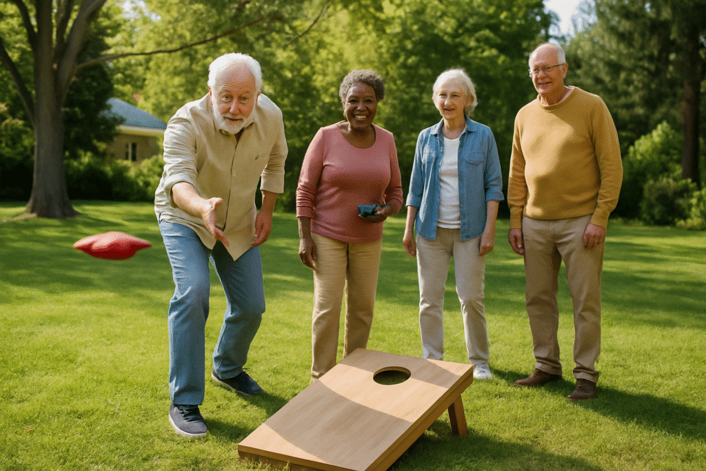 A group of senior citizens playing croquet and bag toss together on a summer day.
