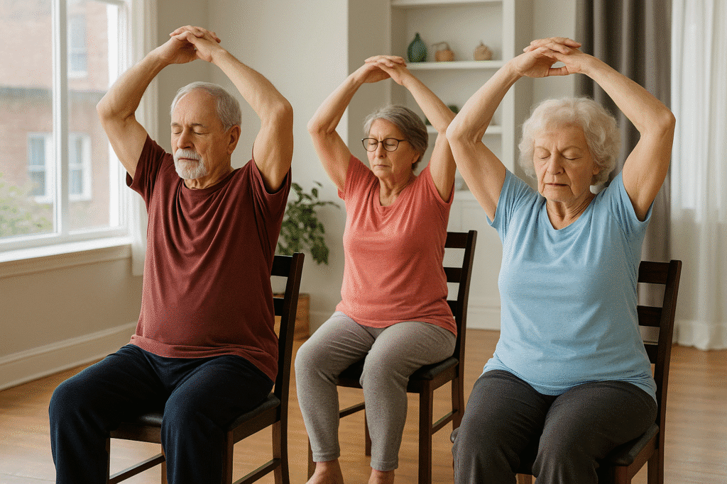 Three senior adults sitting on chairs in a sunlit room, arms raised above their heads in a yoga pose, eyes closed in a moment of calm.