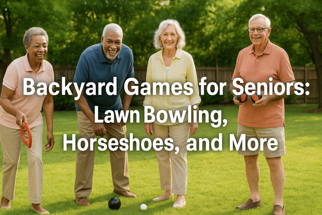 Four smiling seniors enjoying a sunny backyard while preparing for a friendly outdoor game, with the title 'Backyard Games for Seniors: Lawn Bowling, Horseshoes, and More' overlaid.