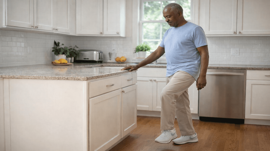 Older Black man practicing a simple balance exercise indoors while lightly holding a kitchen counter for support