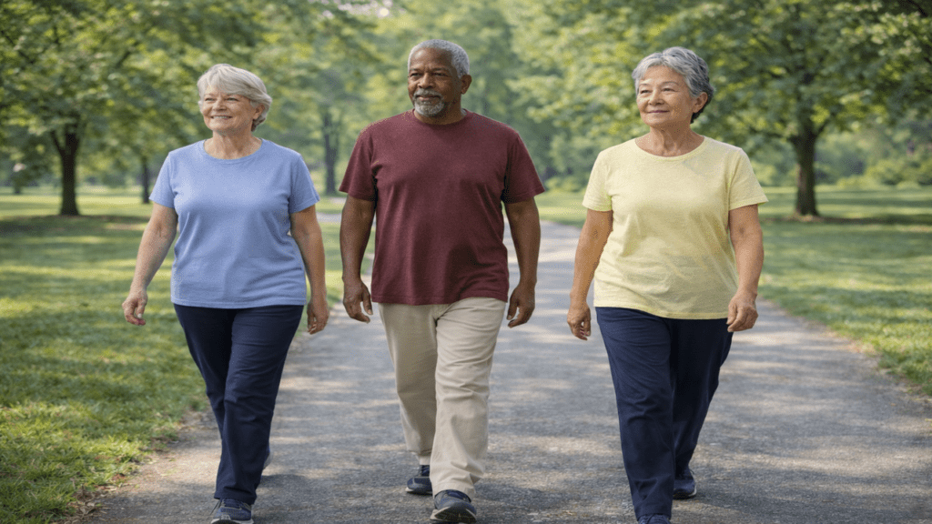 Group of older adults walking together outdoors in a park with relaxed pace and confident posture