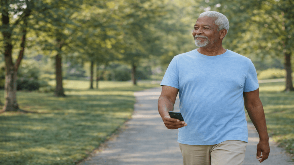 Older Black man walking on a park path while holding a smartphone to track fitness activity