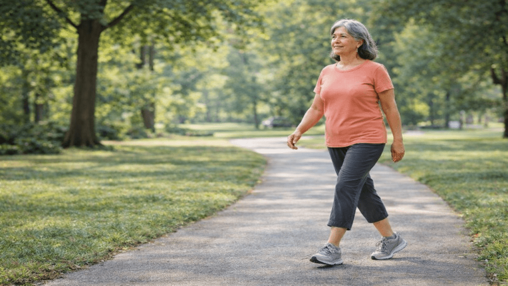 Older Hispanic woman walking calmly on a park path with upright posture to improve balance and coordination