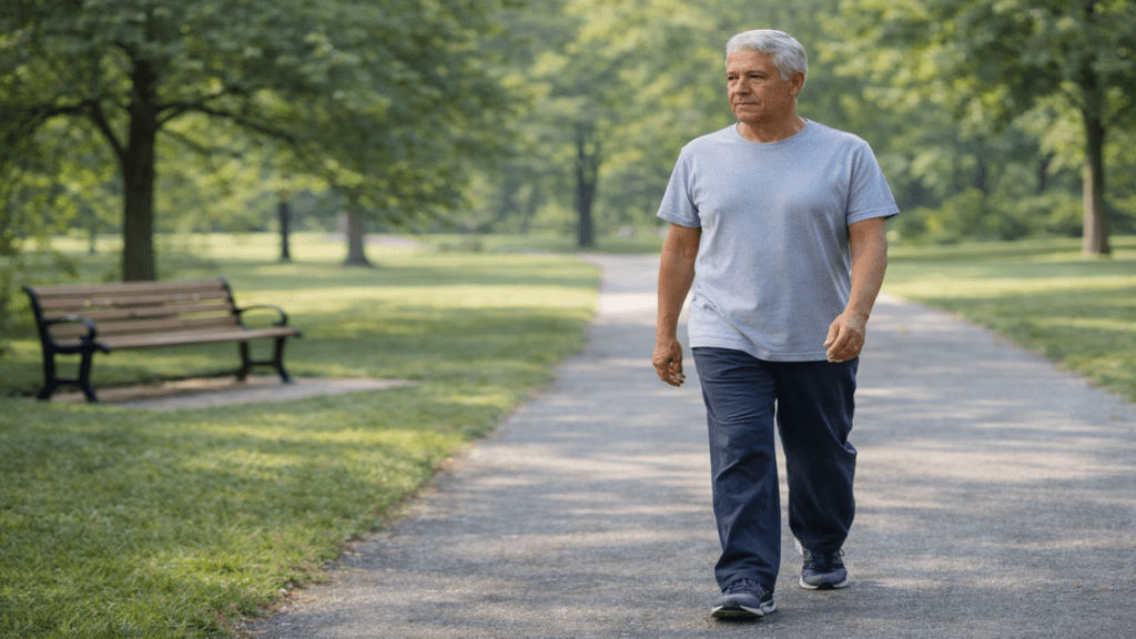 Older Hispanic man walking calmly in a park at a steady pace while focusing on balance and stability