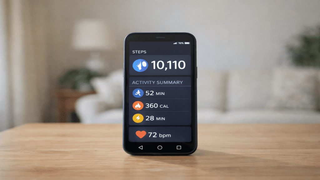 Smartphone displaying a senior-friendly fitness dashboard with step count and activity summary on a table