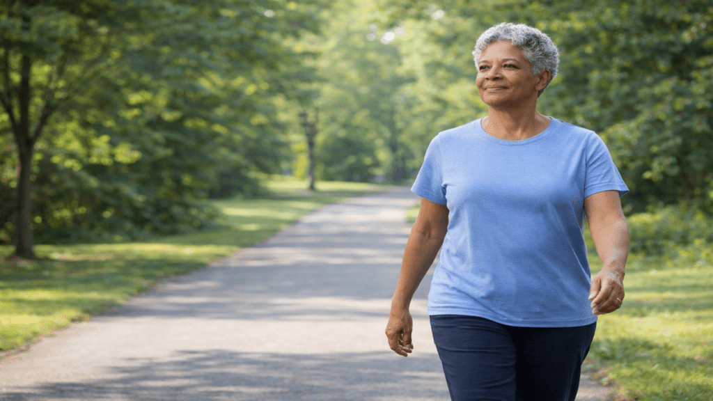 Older Black woman walking outdoors with upright posture and natural arm swing for better balance