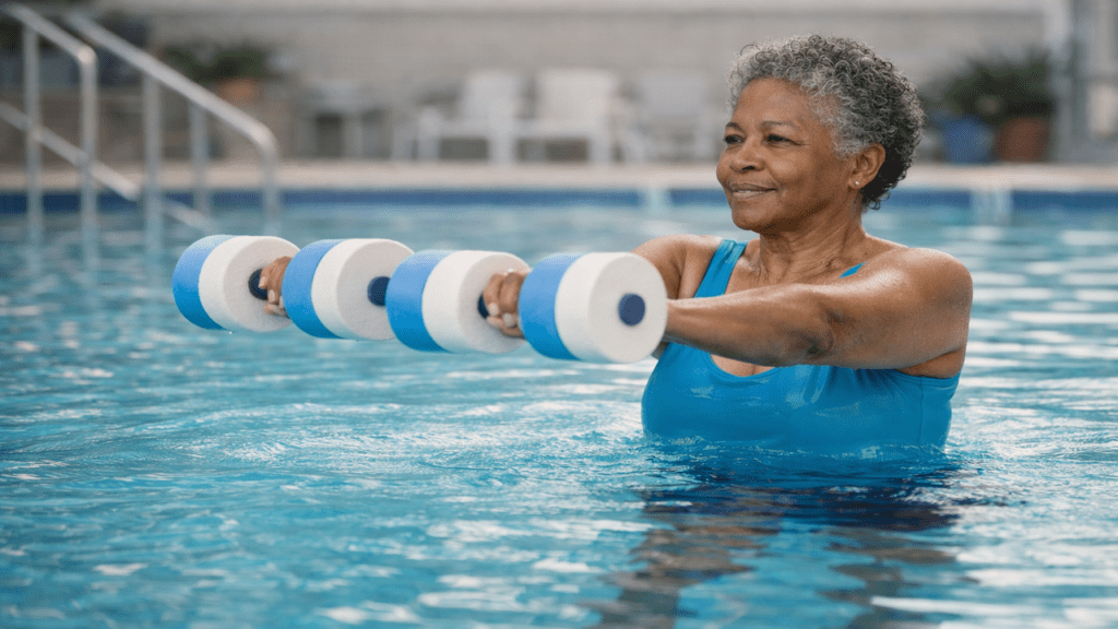 Older Black woman performing water exercise with foam dumbbells in a pool to build strength safely