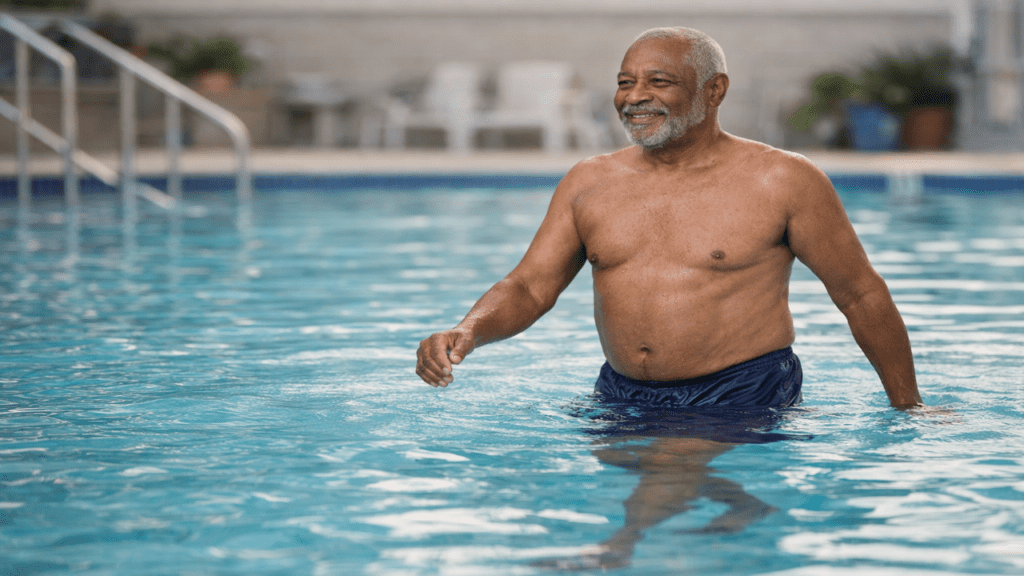 Older Black man walking in chest-deep pool water during a water workout focused on balance and mobility