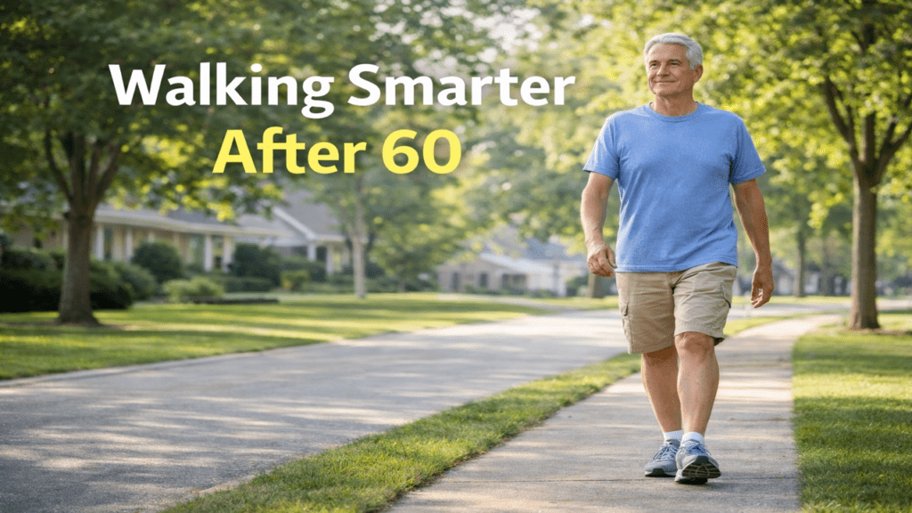 Older man walking confidently on a neighborhood sidewalk with upright posture and relaxed movement