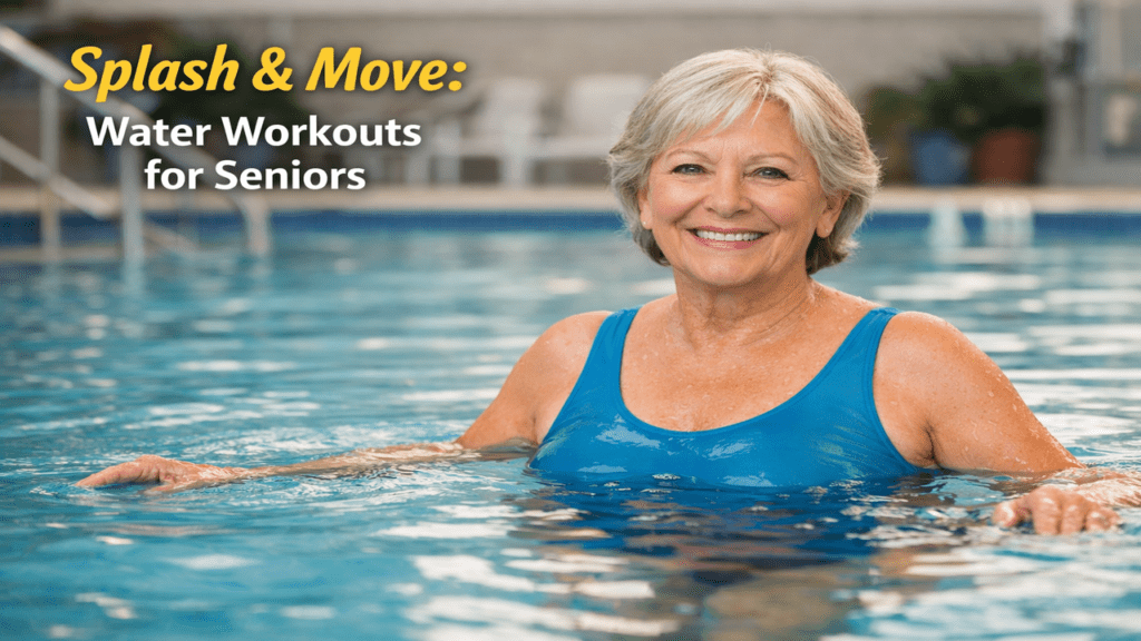 Senior woman exercising in a swimming pool during a low-impact water workout designed for joint-friendly fitness