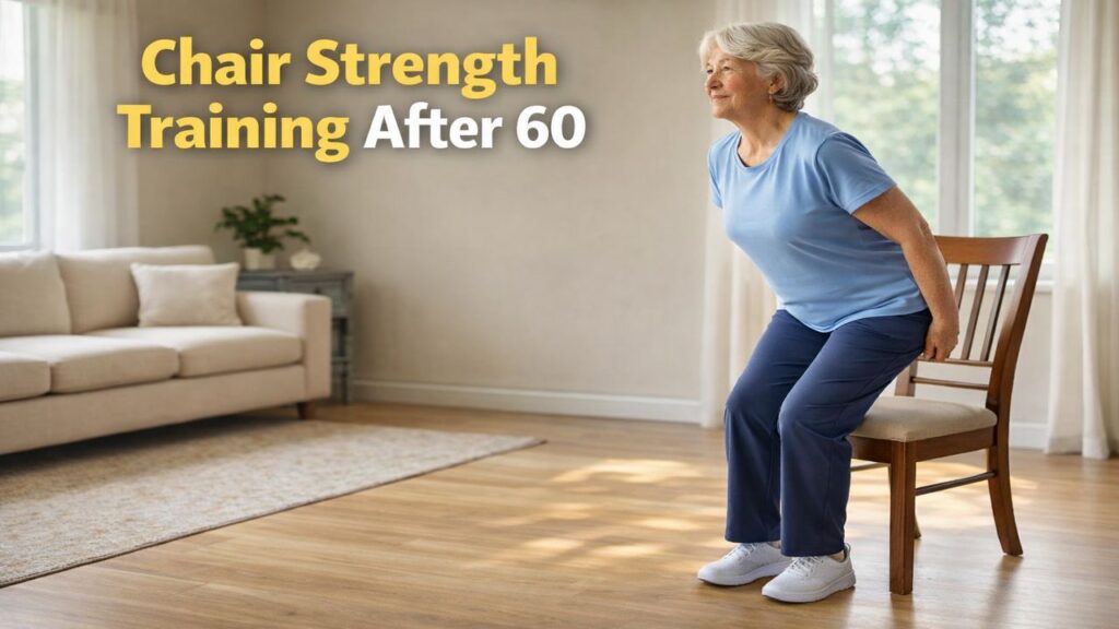 Older woman performing a safe sit to stand chair strength exercise at home in a bright living room after age 60.