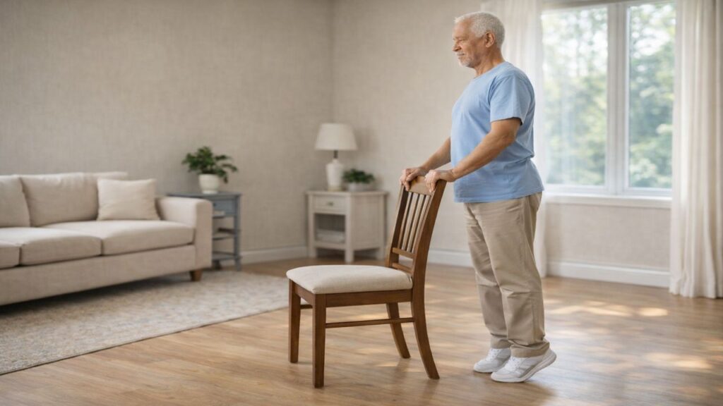 Senior man performing heel raises while holding the back of a chair for balance and lower leg strengthening.