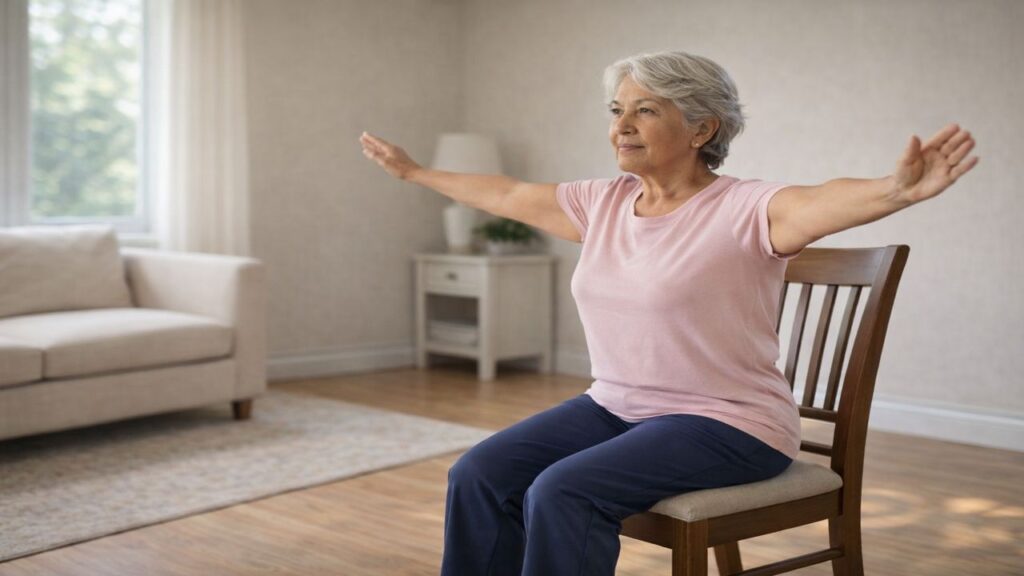 Older woman doing controlled seated arm raises in a chair to build upper body strength safely at home.