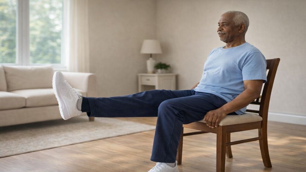 Senior man performing a seated leg lift exercise in a sturdy chair as part of a chair strength training routine.