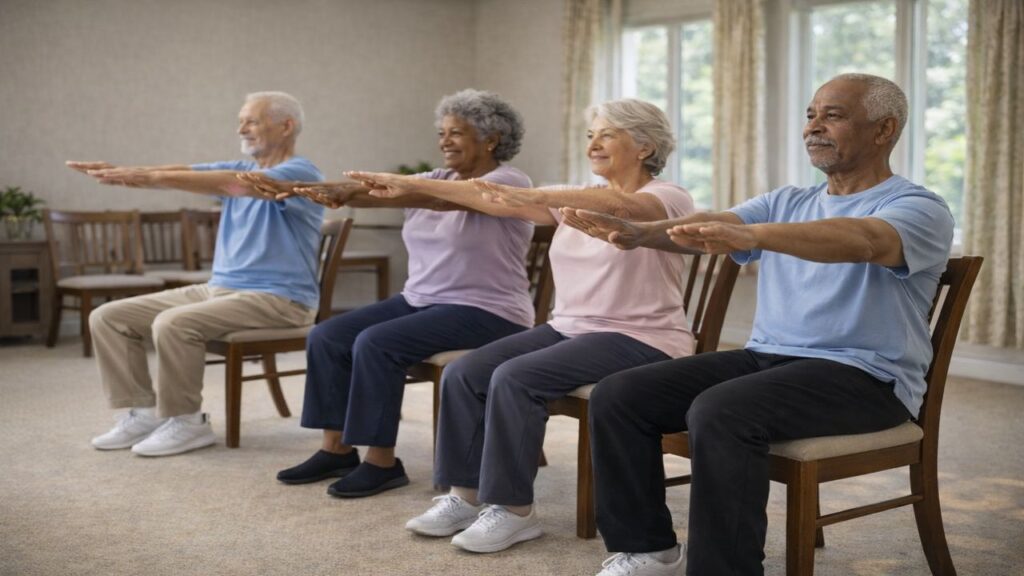 Diverse group of senior adults participating in a seated chair strength training class in a community center.
