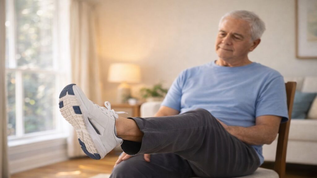 Senior man seated indoors lifting one foot and performing ankle circles to improve joint mobility.