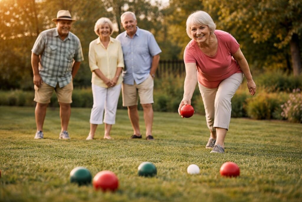 Older adults playing bocce ball on grass, smiling and engaging in a social outdoor game that supports balance and coordination