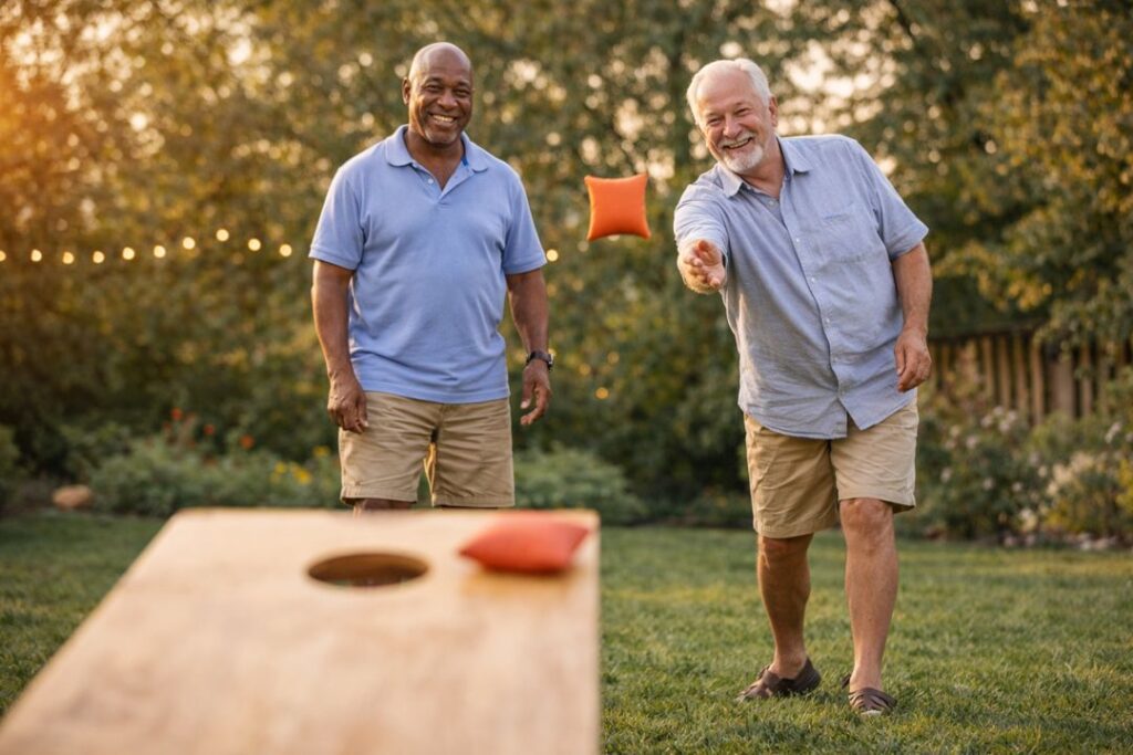 Two senior men smiling and playing cornhole in a backyard, tossing bean bags during a fun and low-impact fitness activity