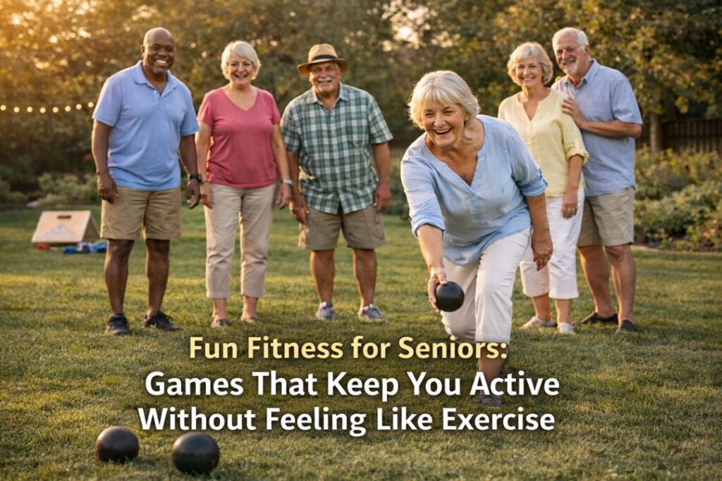 Group of seniors smiling and playing lawn bowling outdoors in a backyard, enjoying fun fitness activities that keep them active without feeling like exercise