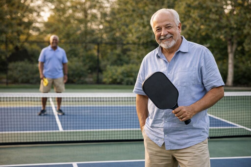 Older Hispanic man smiling and holding a pickleball paddle on an outdoor court with another player in the background