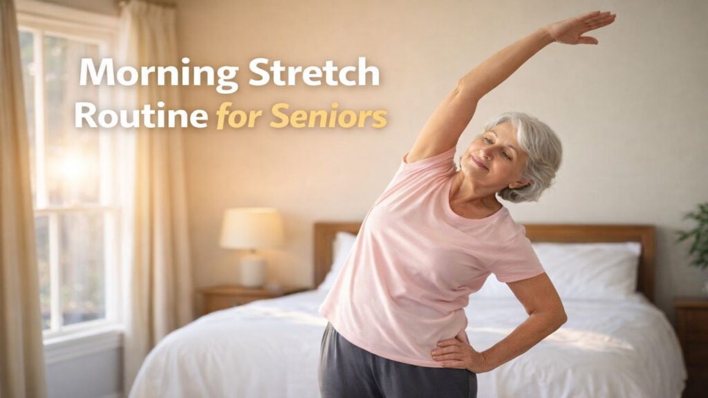 Older woman performing a gentle standing side stretch in a bright bedroom during a morning routine.